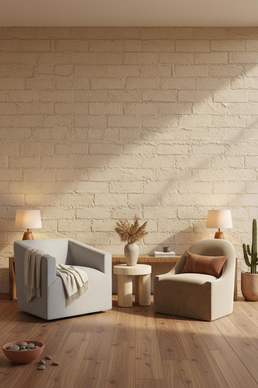 Bright bedroom sitting area with two upholstered swivel chairs in cream and beige, positioned by a window with soft natural light, warm wood flooring, and neutral wall decor.