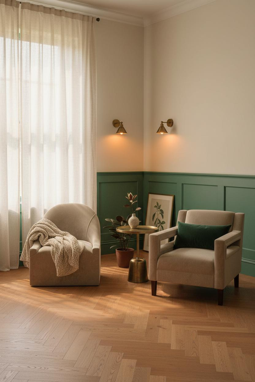 Bright bedroom sitting area with cream swivel chair and neutral lounge chair positioned by window, soft natural light, warm wood flooring, calm master suite seating nook.