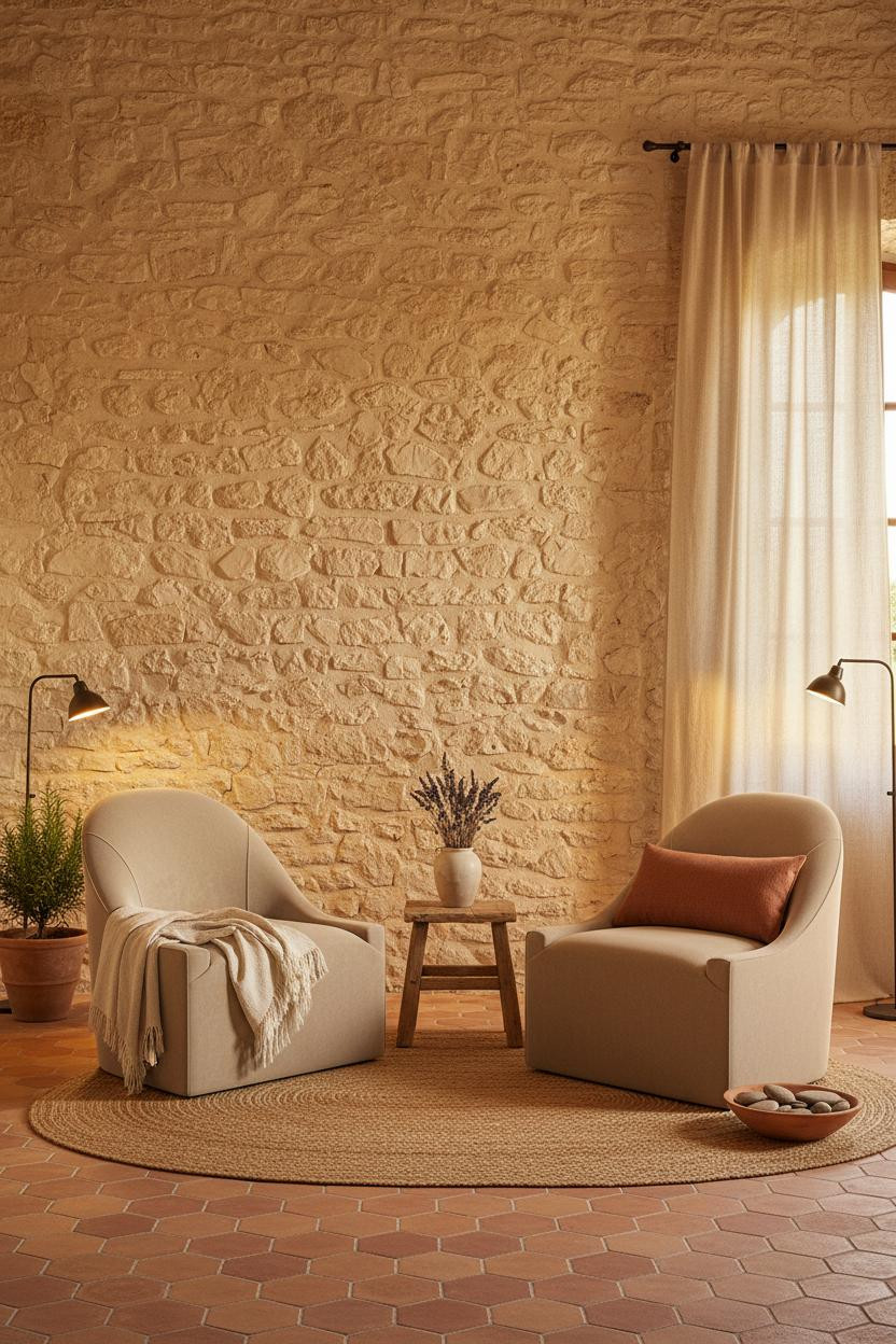Bright bedroom sitting area with two upholstered armchairs and a channel-quilted ottoman in neutral tones, positioned by a window with natural daylight and soft furnishings.