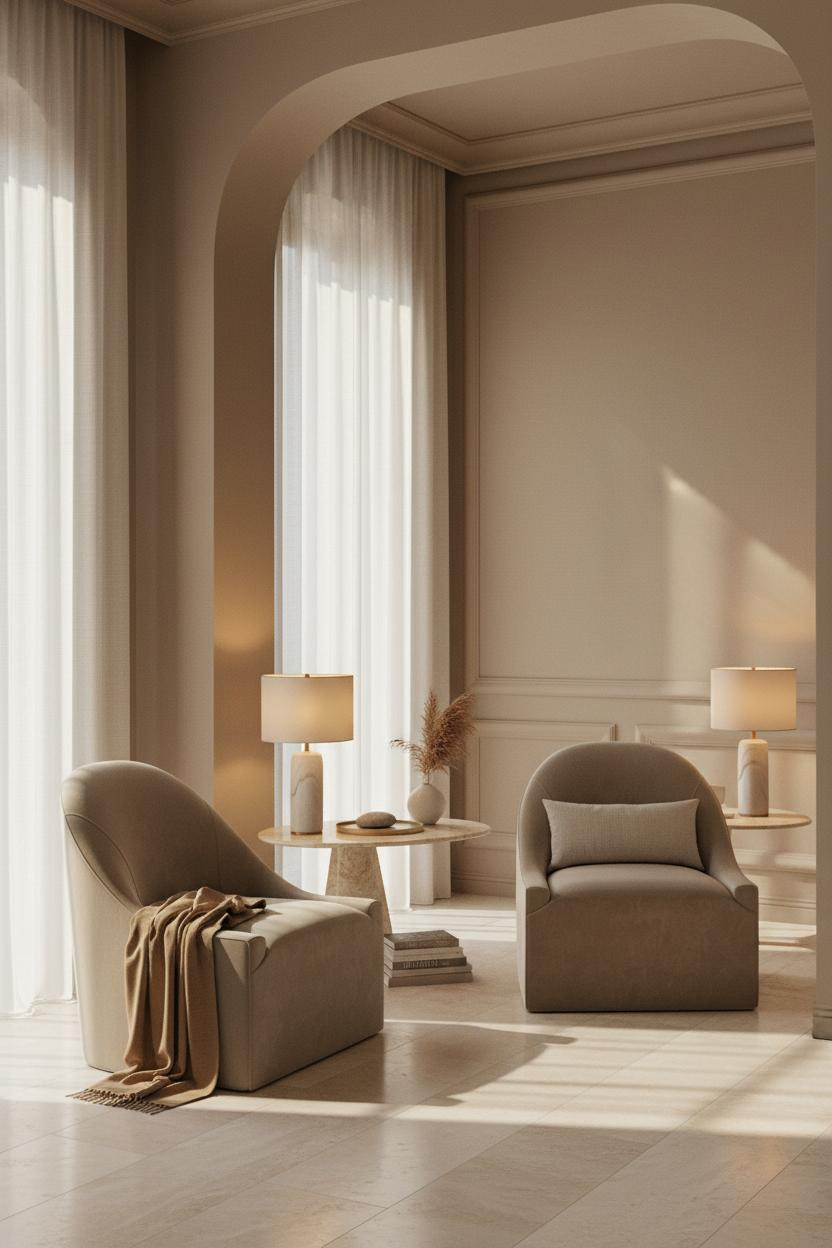 Bright bedroom sitting area with two upholstered accent chairs positioned by a window, soft neutral tones, natural daylight, clean modern furnishings, and calm minimalist decor in a master suite.