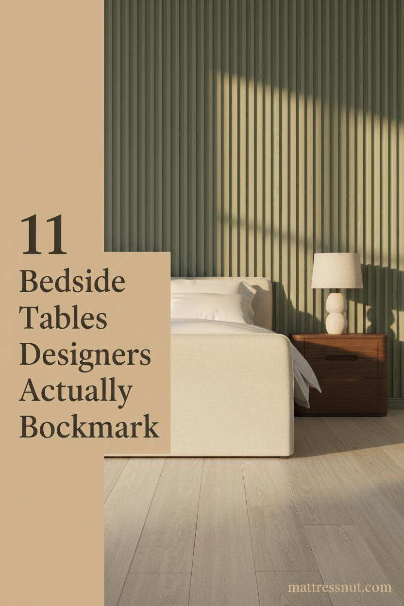 Sage green fluted wall panels with honey oak floors, ivory linen bedding, sculptural ceramic lamp on a walnut nightstand in warm afternoon light