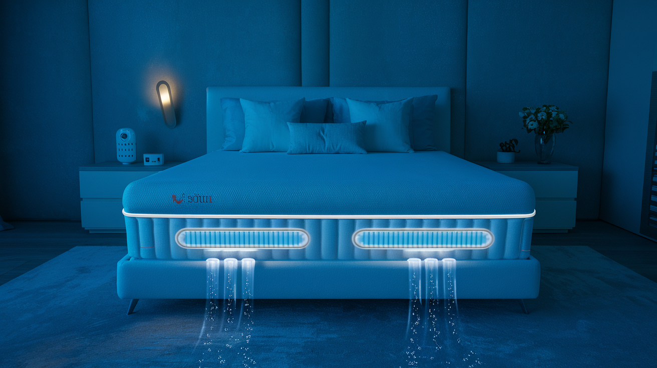 Bed cooling system on mattress in modern bedroom