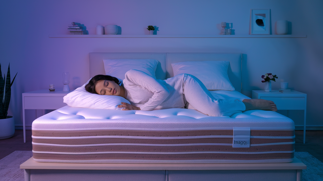 Woman sleeping peacefully on a premium memory foam mattress with soft ambient lighting