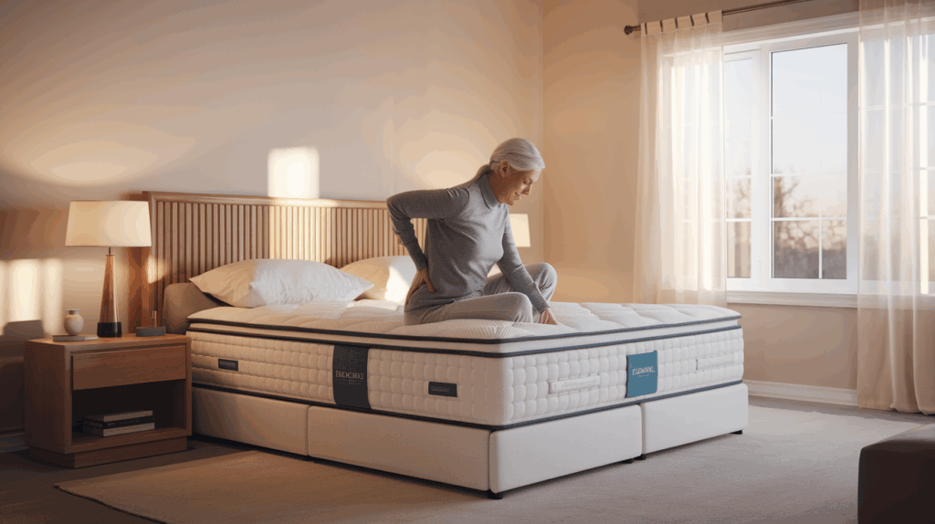 Older person sitting on mattress edge with back pain relief in bright bedroom