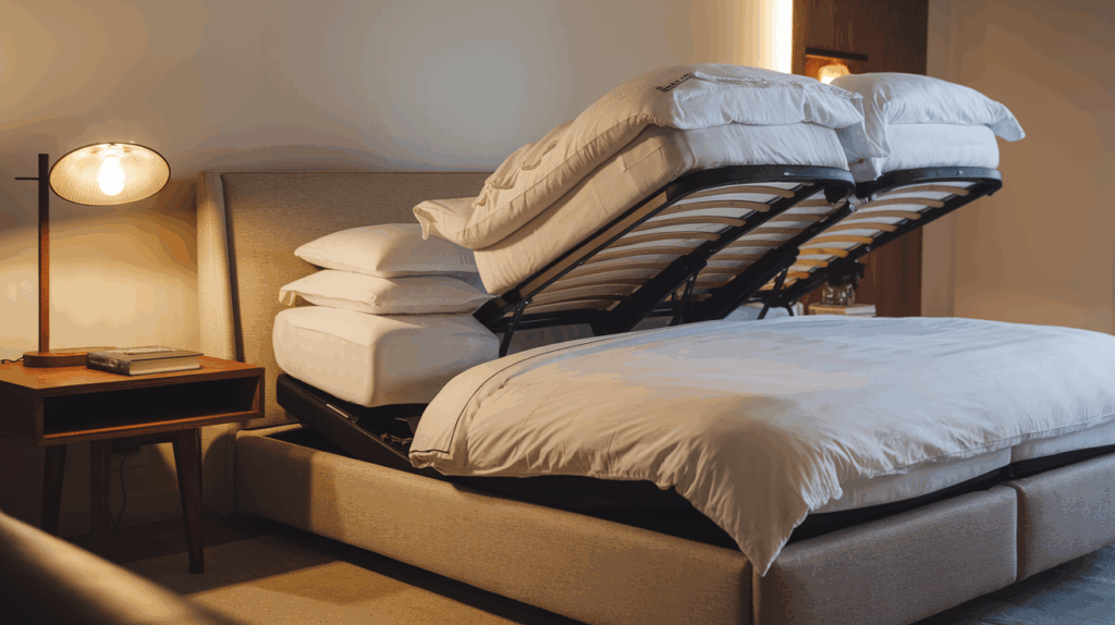 Split king adjustable bed with each side at different angles in modern bedroom