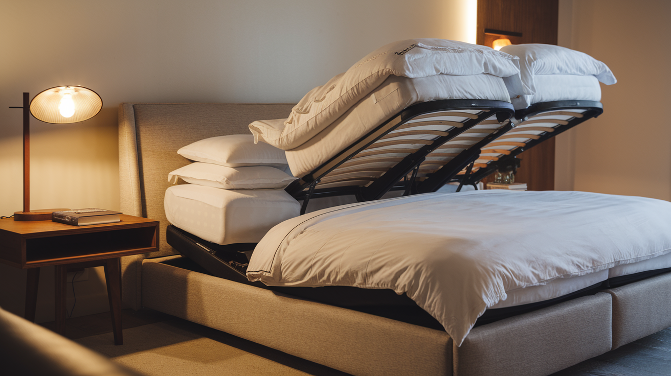 Split king adjustable bed with each side at different angles in modern bedroom