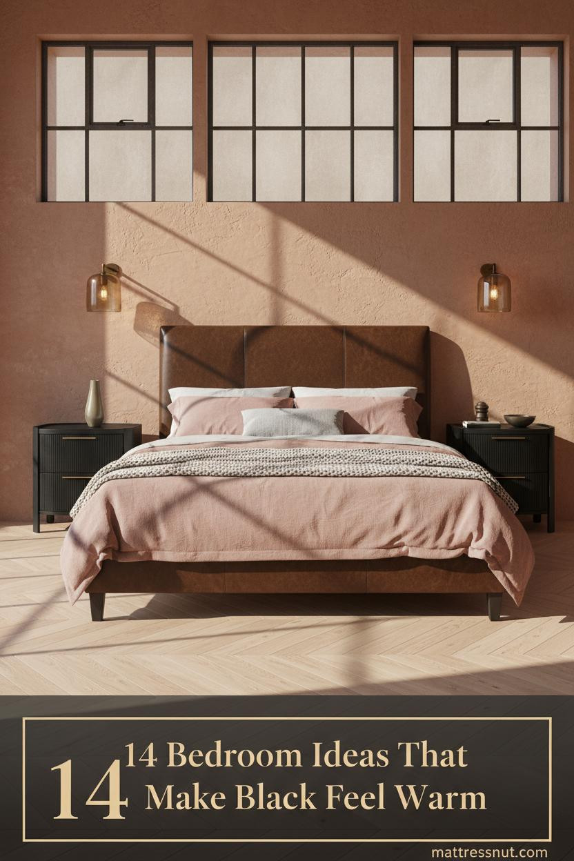 Cozy bedroom with black leather bed frame, dusty pink linen bedding, warm amber sconces, clay plaster wall, and maple herringbone floors