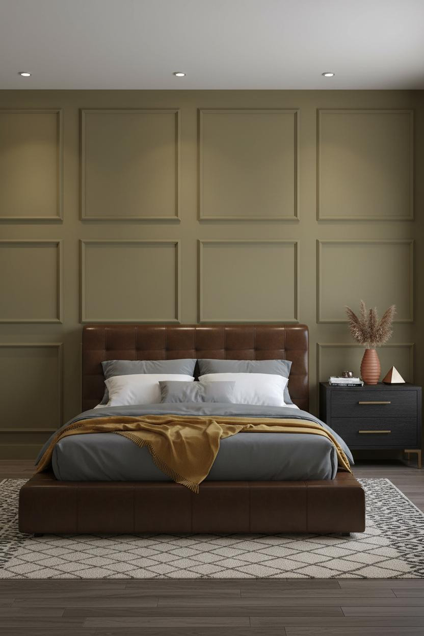 Black Bed Frame Olive Wainscoting Bedroom