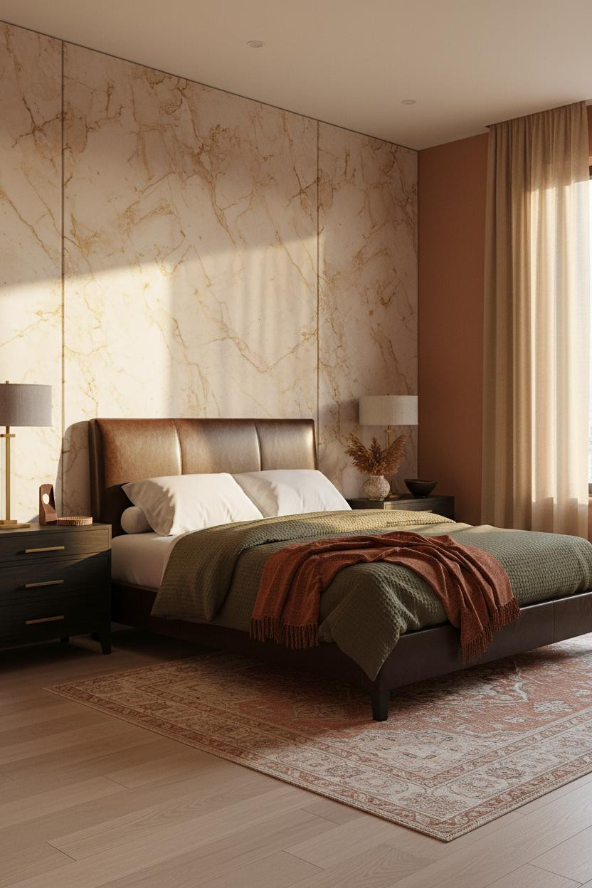 Black Bed Frame Travertine Accent Wall