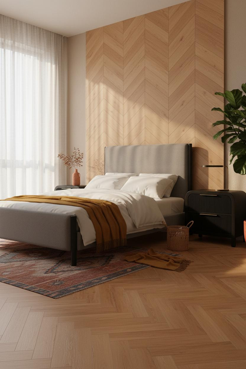 Black Bedframe Bedroom Herringbone Wood Botanical