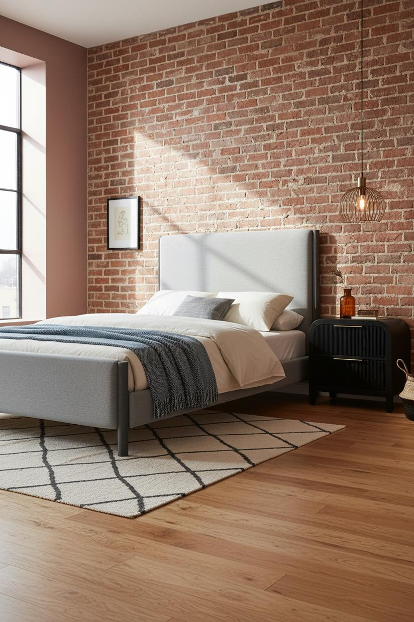 Black Bedframe Industrial Brick Bedroom
