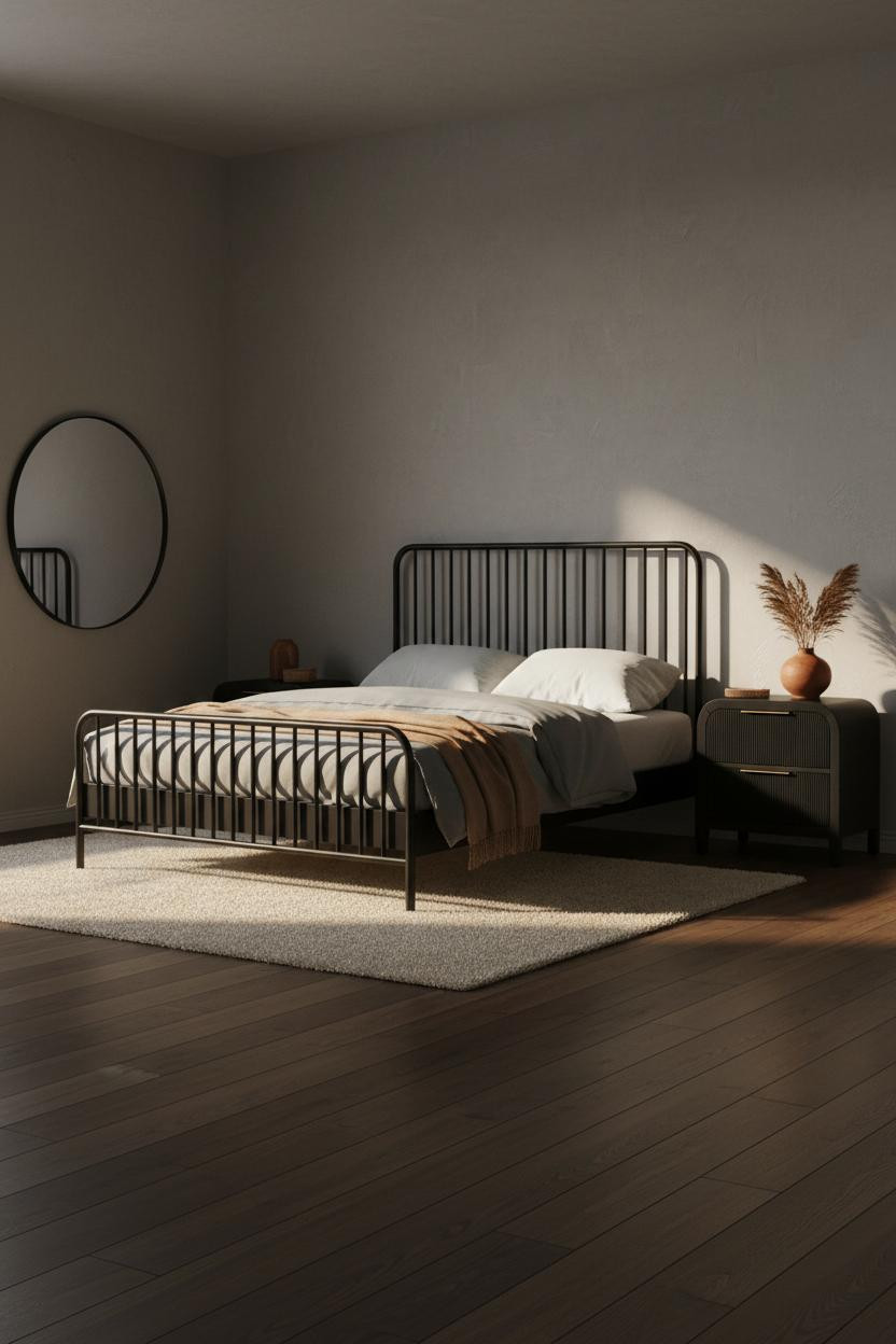 Black Metal Bedframe Transitional Bedroom
