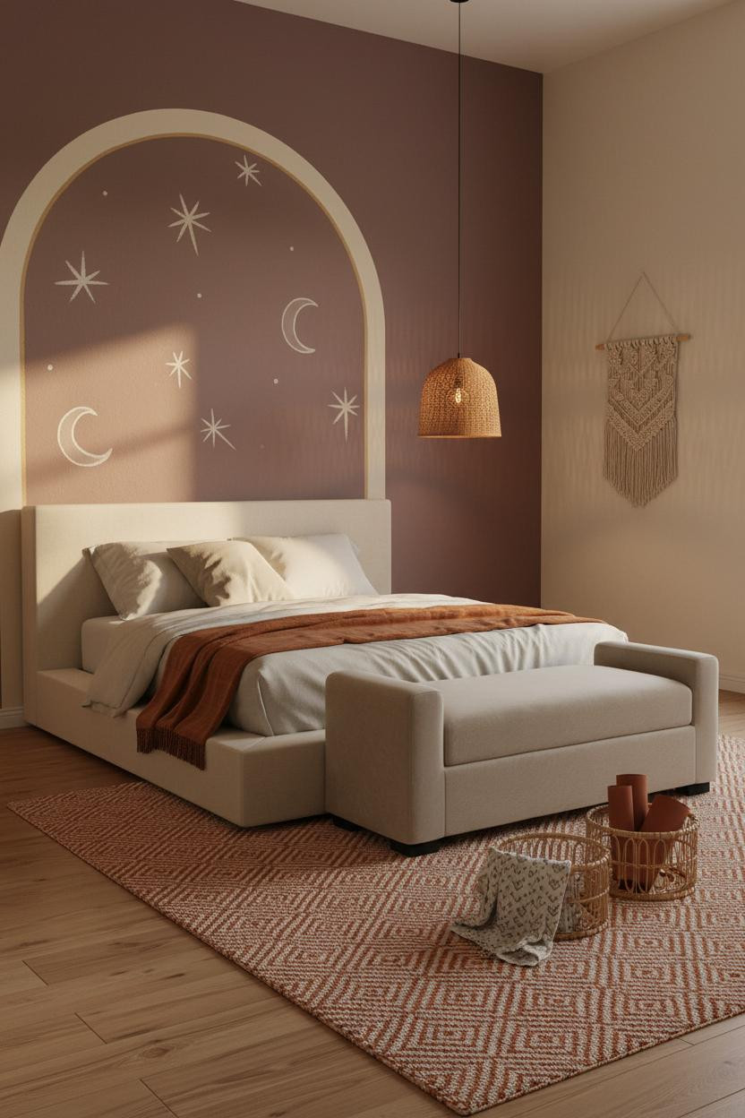 Boho Children's Bedroom Painted Mural Accent Wall