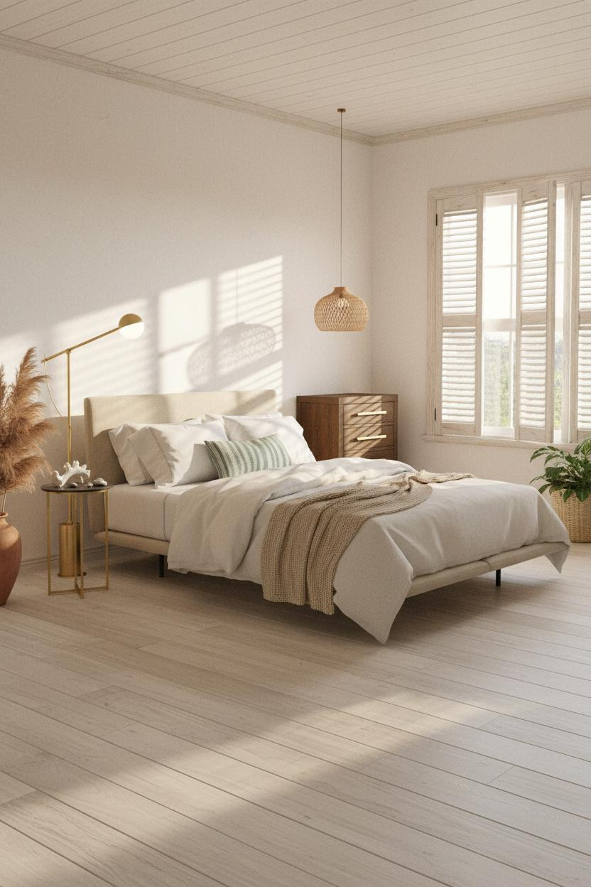 Bright boho coastal bedroom with neutral linen bed frame, woven nightstand, soft cream bedding, natural wood accents, and airy beachy aesthetic with warm natural light.