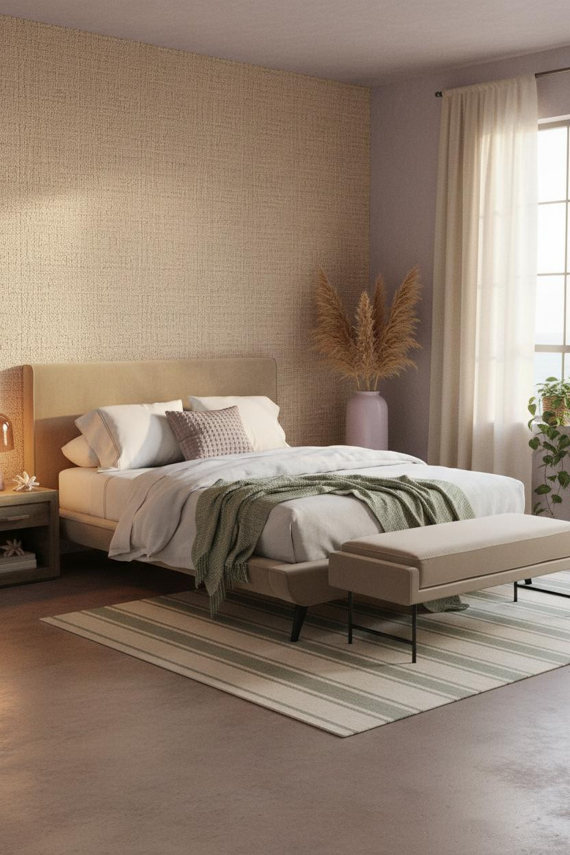 Bright boho coastal bedroom with neutral linen bedding, woven accents, cushioned bench, natural wood frame, soft cream walls, and airy beach-inspired aesthetic with warm natural light.