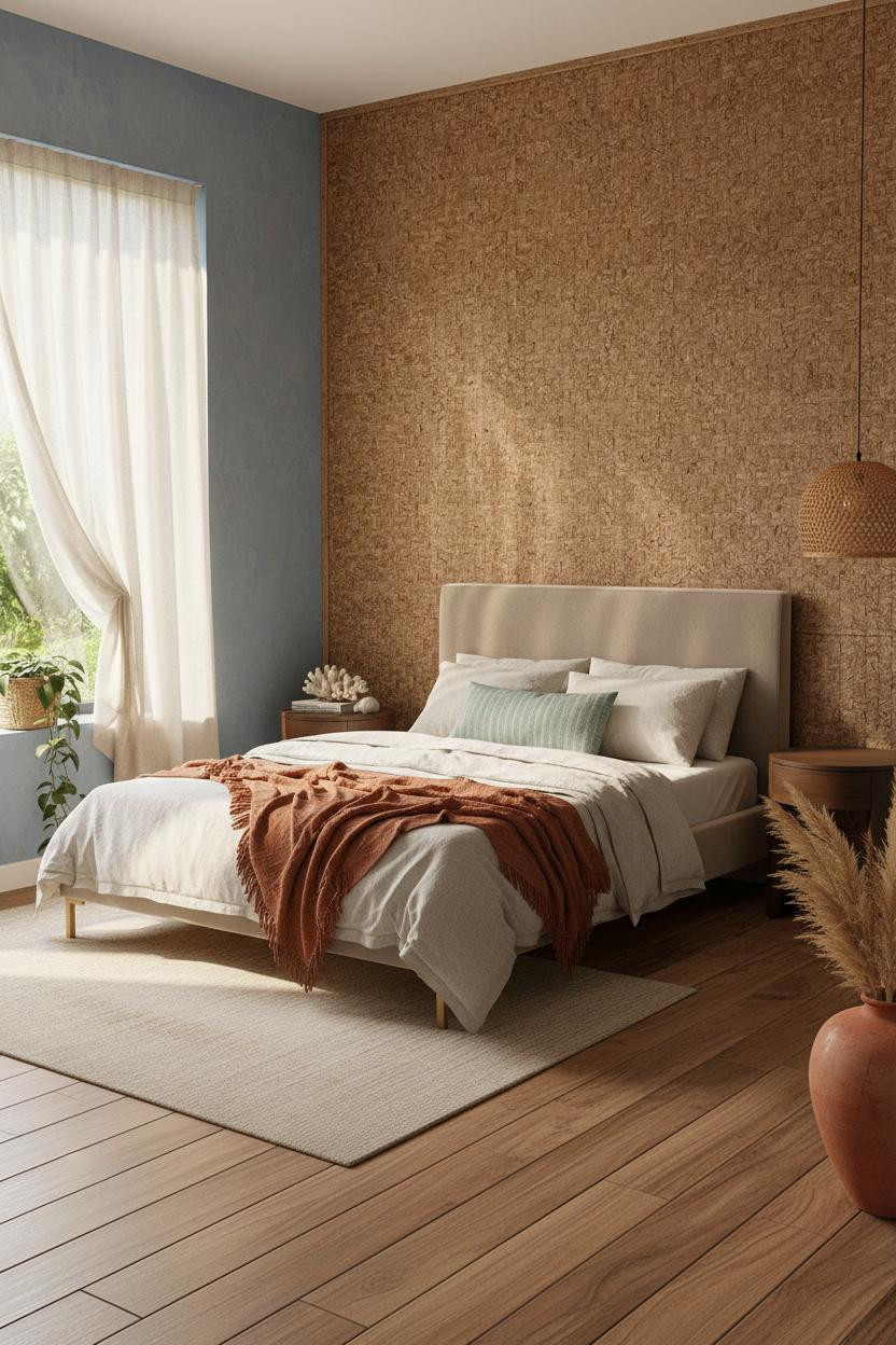 Bright boho coastal bedroom with natural wood bed frame, woven nightstand, cream linen bedding, rattan accents, soft neutral palette, and warm natural daylight from windows
