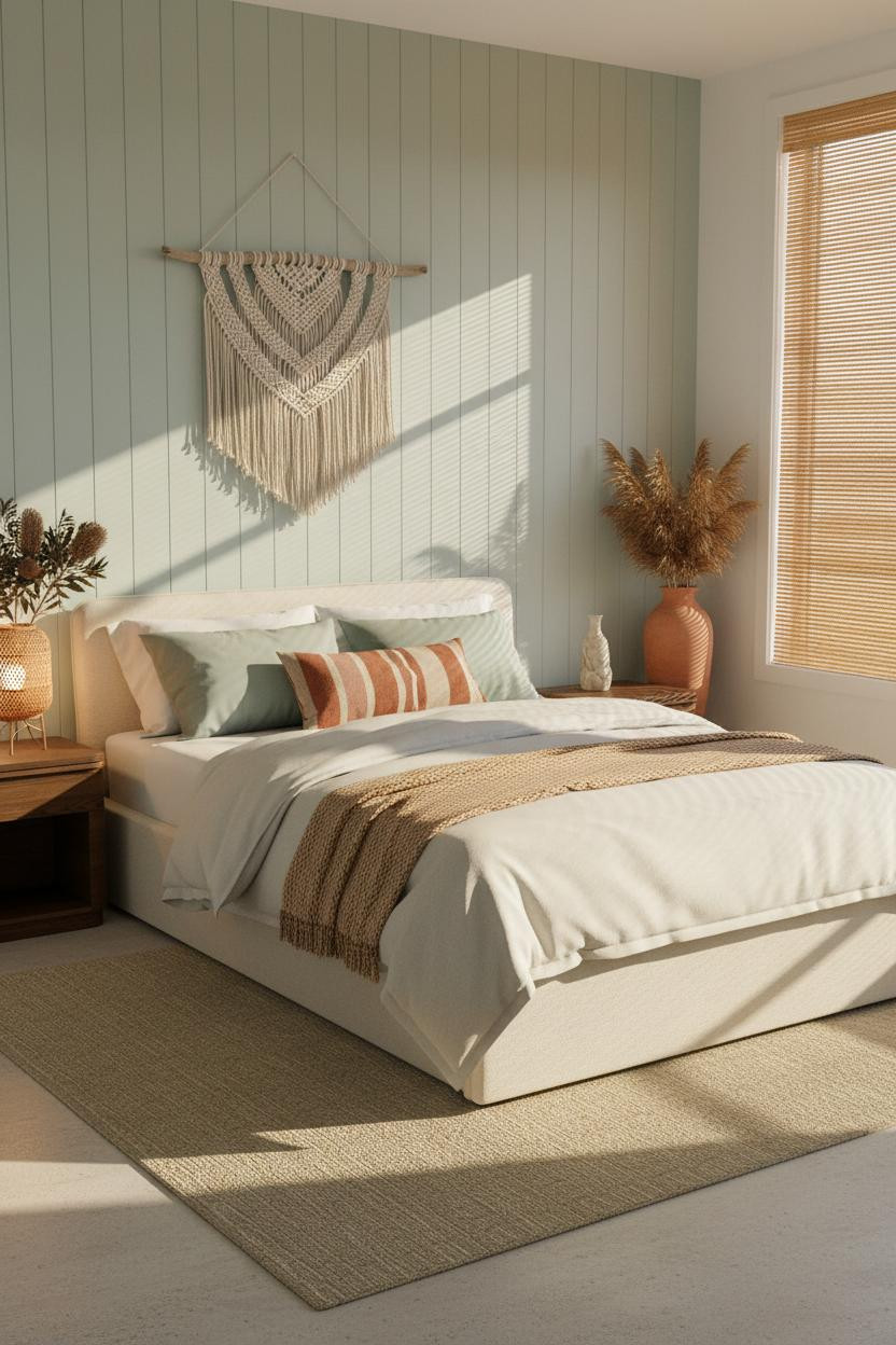 Bright boho coastal bedroom with neutral bedding, natural wood nightstand, woven accents, soft linen textures, and warm daylight from windows creating airy beachy aesthetic.