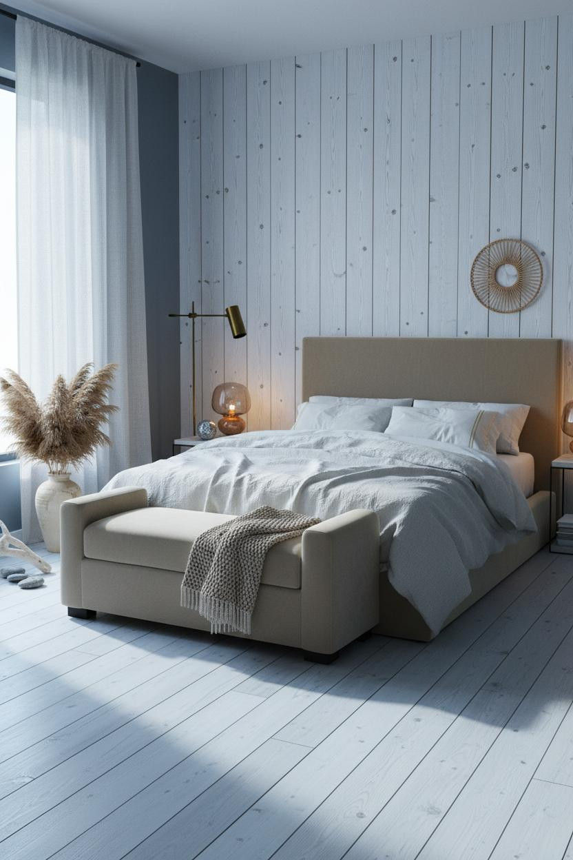 Bright boho coastal bedroom with natural wood bed frame, cream linen bedding, woven bench, soft neutral palette, coastal decor, and warm natural light from windows.