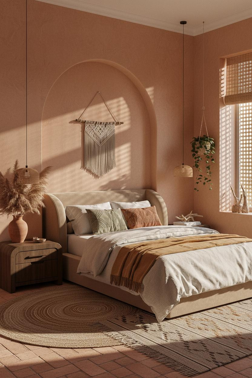 Bright boho coastal bedroom with natural wood bed frame, woven nightstand, soft cream bedding, rattan accents, and warm neutral tones creating a calm beachy aesthetic with natural light.