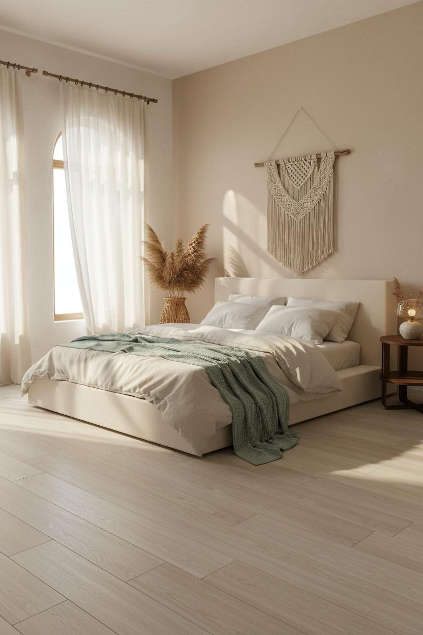 Bright boho coastal bedroom with neutral beige bedding, natural wood nightstand, woven wall hanging, soft linen textures, and warm daylight from windows creating a serene beach-inspired aesthetic.