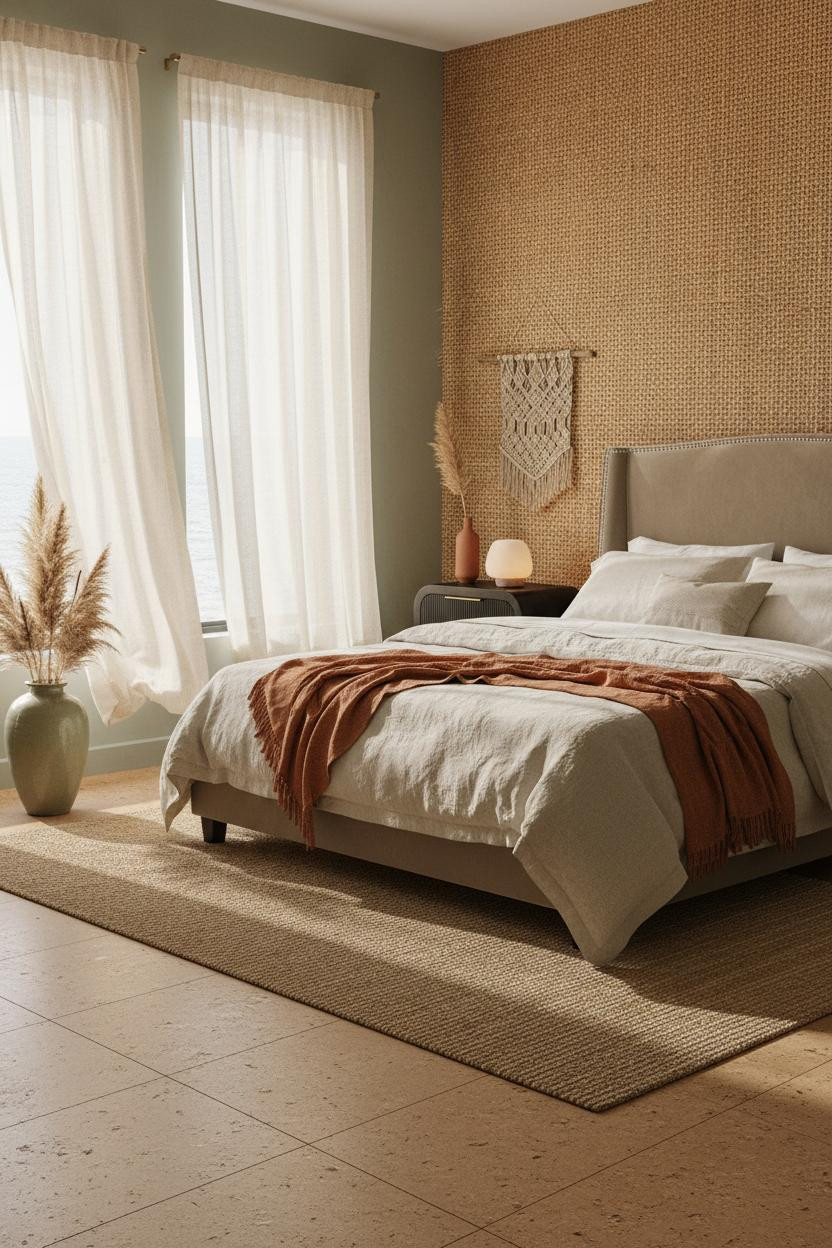 Bright boho coastal bedroom with natural wood bed frame, woven nightstand, cream bedding, soft linen textures, neutral beige palette, and warm natural light from window.