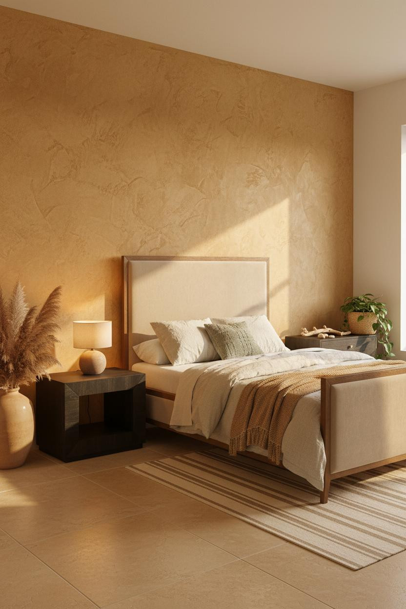 Bright boho coastal bedroom with natural wood bed frame, woven nightstand, cream bedding, soft neutral palette, woven wall hanging, and warm natural daylight from window creating airy beachy aesthetic.