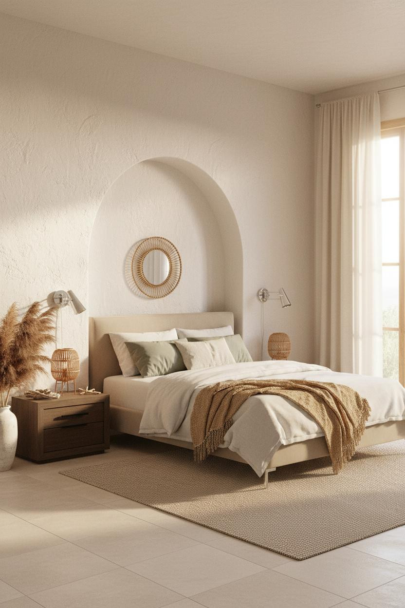 Bright boho coastal bedroom with neutral linen bedding, natural wood nightstand, woven accents, soft white walls, and warm natural light from windows creating a calm beachy aesthetic.
