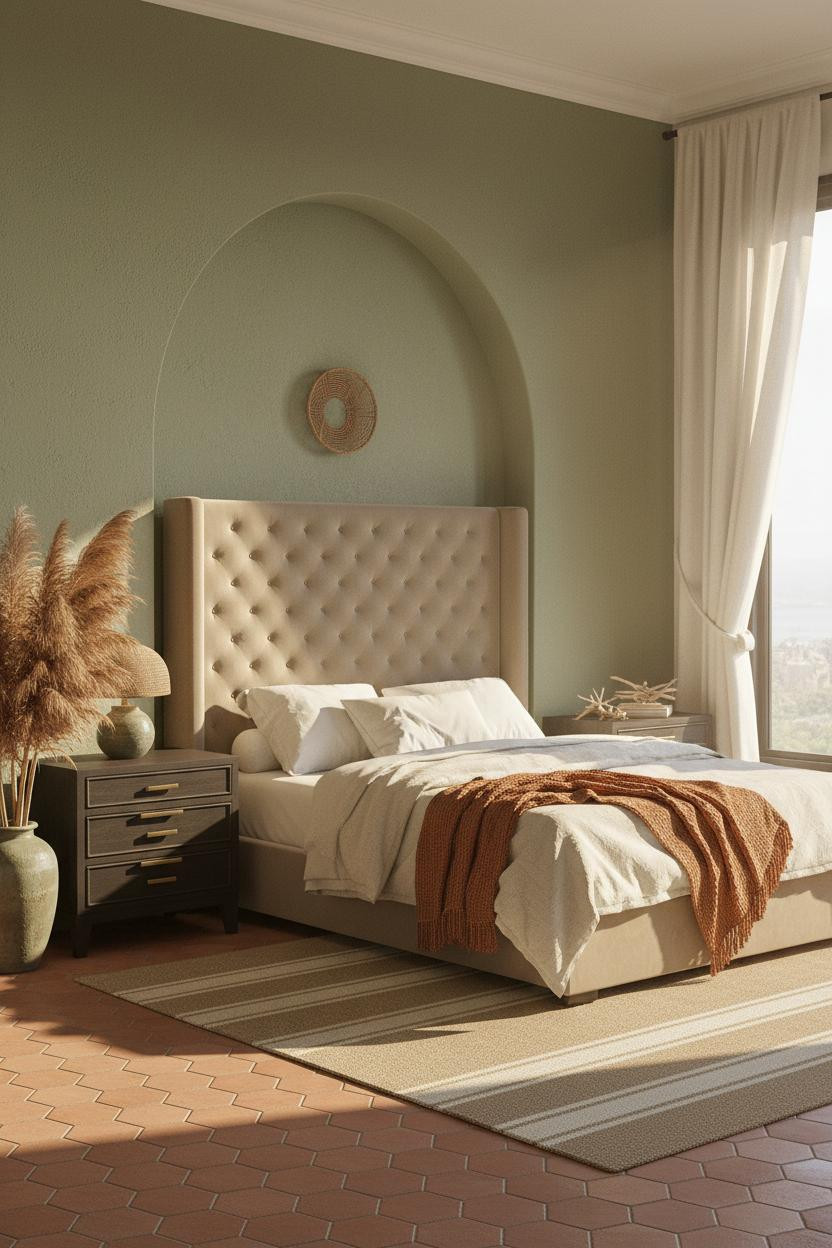 Bright boho coastal bedroom with natural wood bed frame, black nightstand, cream bedding, woven wall hanging, soft neutral palette, and warm natural light from window creating airy beachy aesthetic.