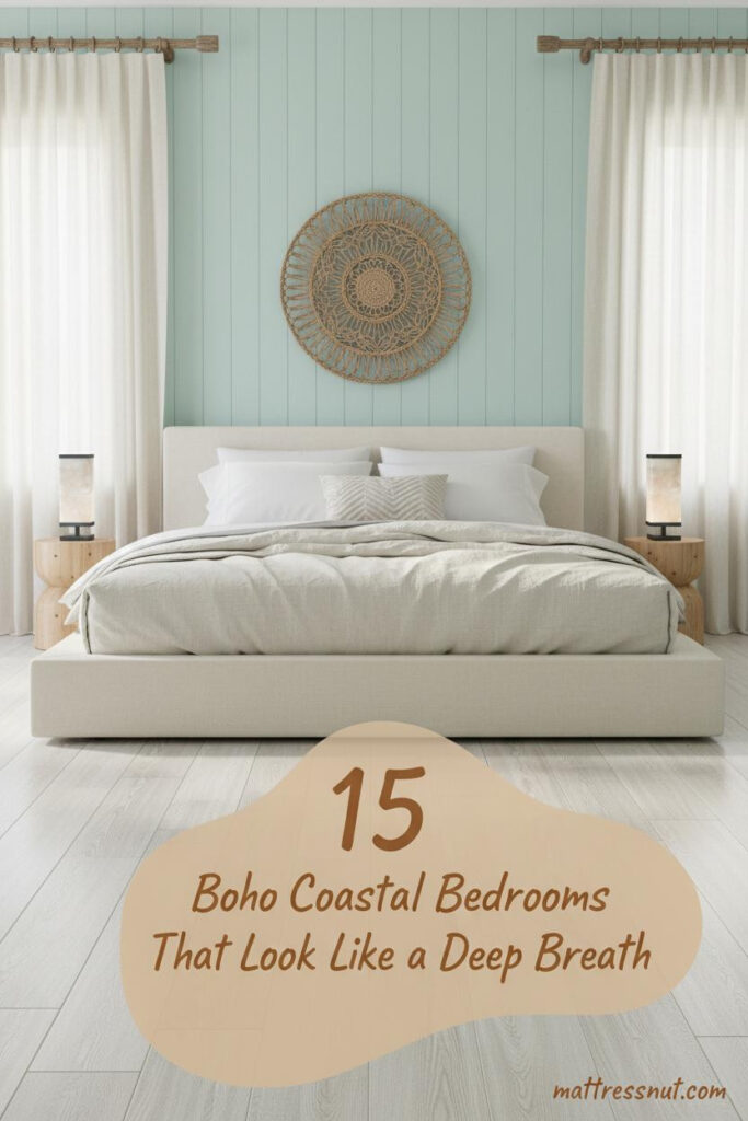 Boho coastal bedroom with pale aqua-mint timber accent wall, cream linen bedding, seagrass wall hanging, and warm brass lamp on whitewashed oak floors