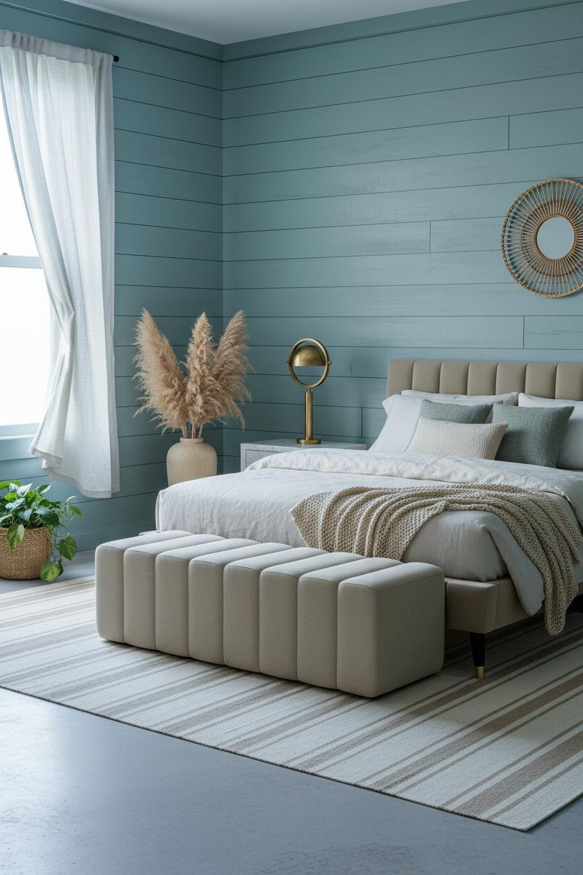 Bright boho coastal bedroom with neutral linen bed frame, woven ottoman, soft cream bedding, natural wood accents, and warm daylight from large windows creating airy beachy aesthetic.