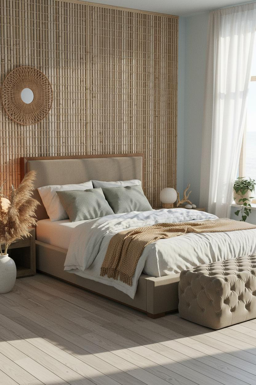 Bright boho coastal bedroom with neutral beige bedframe, cream linen bedding, woven wall hanging, rattan accents, soft natural light from windows, and tufted ottoman in warm cream tones.