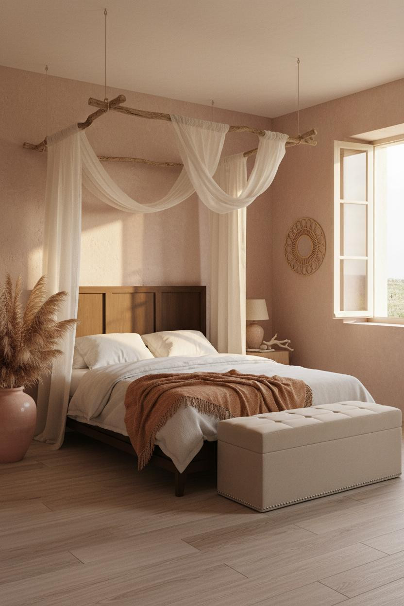 Bright boho coastal bedroom with neutral beige walls, natural wood bed frame, woven wall hanging, soft linen bedding, rattan storage bench, and warm natural light from windows creating an airy beachy aesthetic.