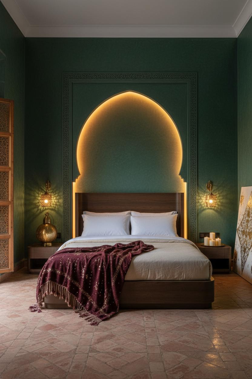 Bright, airy boutique hotel bedroom with upholstered bedframe, warm neutral bedding, brass bedside lamp, soft window light, and designer hotel-inspired color palette in cream and warm white tones.