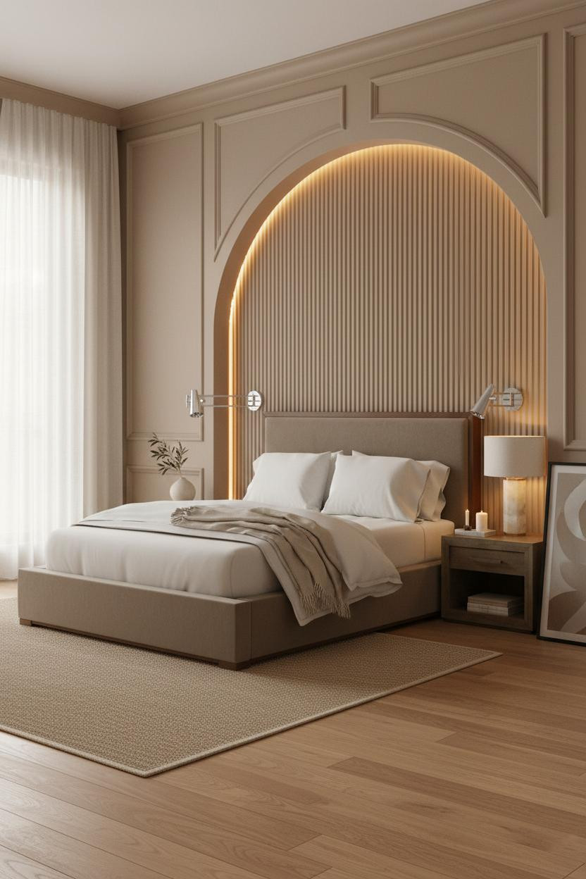 Bright boutique hotel bedroom with upholstered headboard, soft neutral bedding, brass bedside lamp on wooden nightstand, warm natural light from window, hotel-chic interior design.
