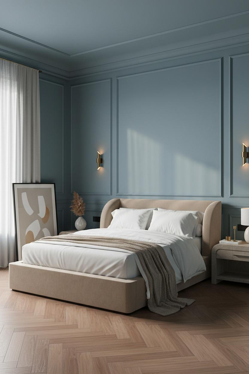 Bright boutique hotel bedroom with upholstered platform bed, soft neutral bedding, modern brass bedside lamp, warm wood accents, and clean minimalist decor in natural daylight.