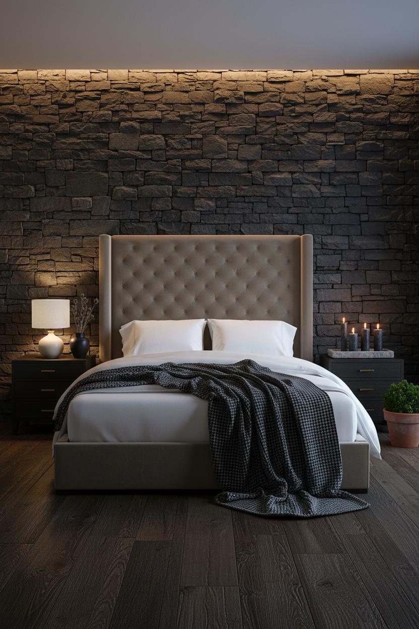 Bright boutique hotel bedroom with upholstered bed frame, soft neutral bedding, brass bedside lamp, warm wood accents, and clean minimalist decor in calm cream and beige tones.