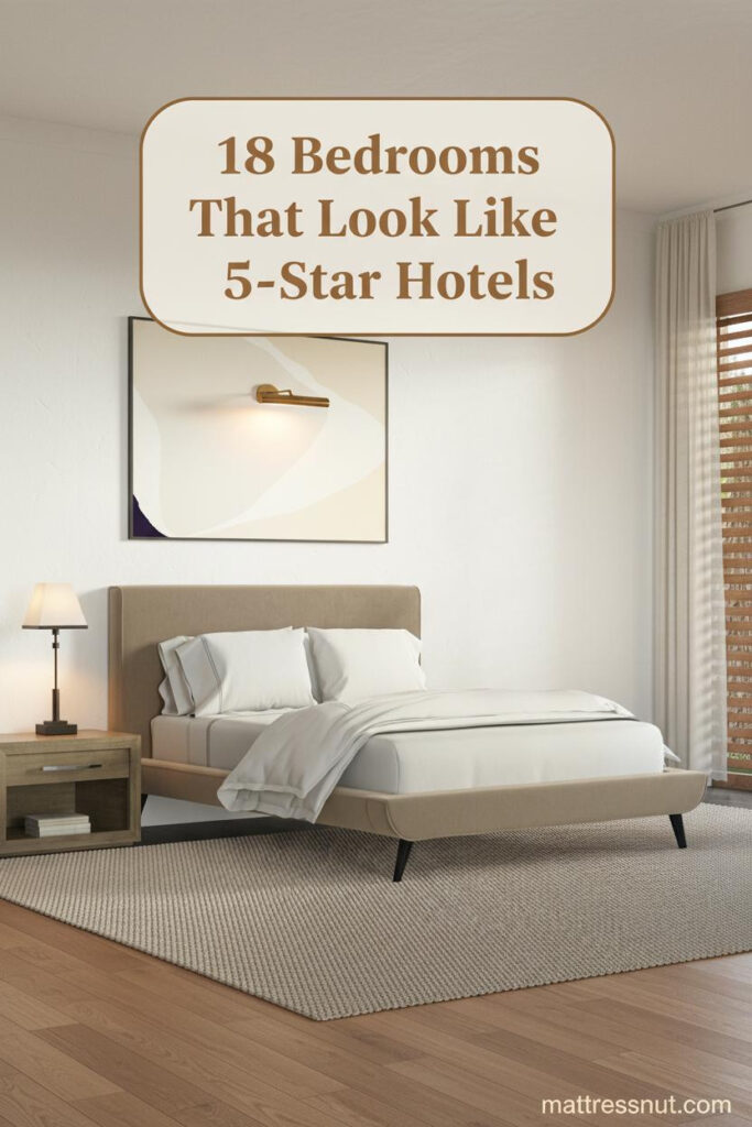 Luxury boutique hotel bedroom with ivory plaster walls, honey oak floors, linen drapes, brass sconce, and a styled upholstered bed