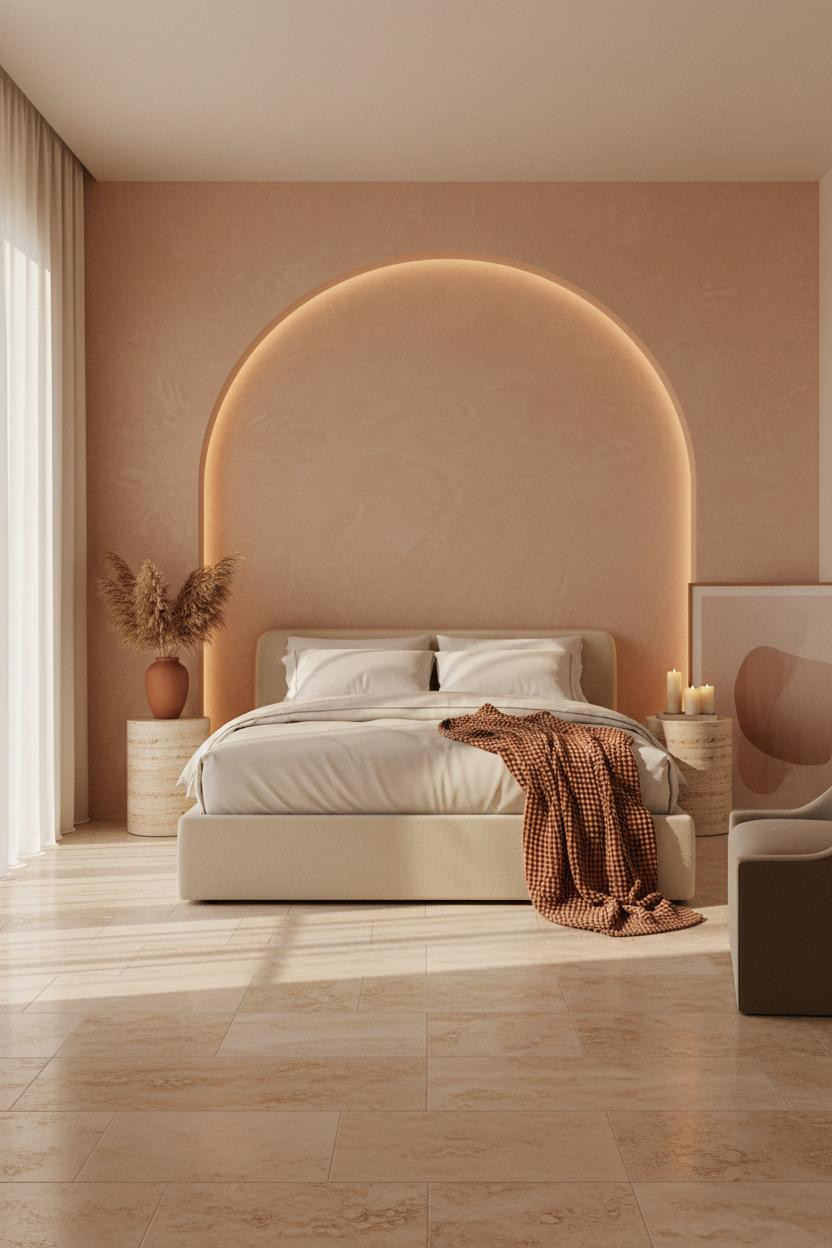 Boutique hotel bedroom with upholstered bed frame, accent chair, warm neutral palette, soft natural lighting, designer bedding, and hotel-inspired interior styling.