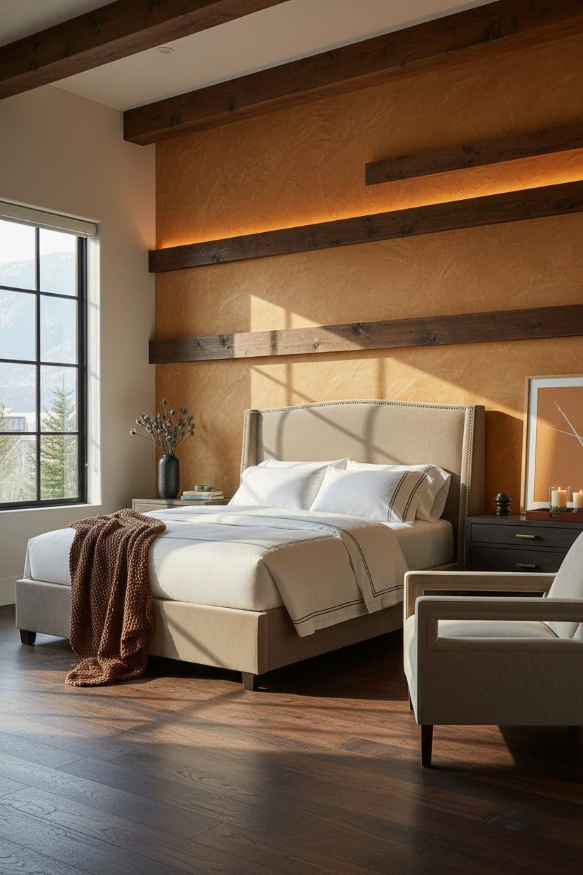 Bright boutique hotel bedroom with upholstered headboard bed, cream bedding, soft gray upholstered accent chair, warm brass lighting, and neutral color palette creating a serene 5-star hotel aesthetic.