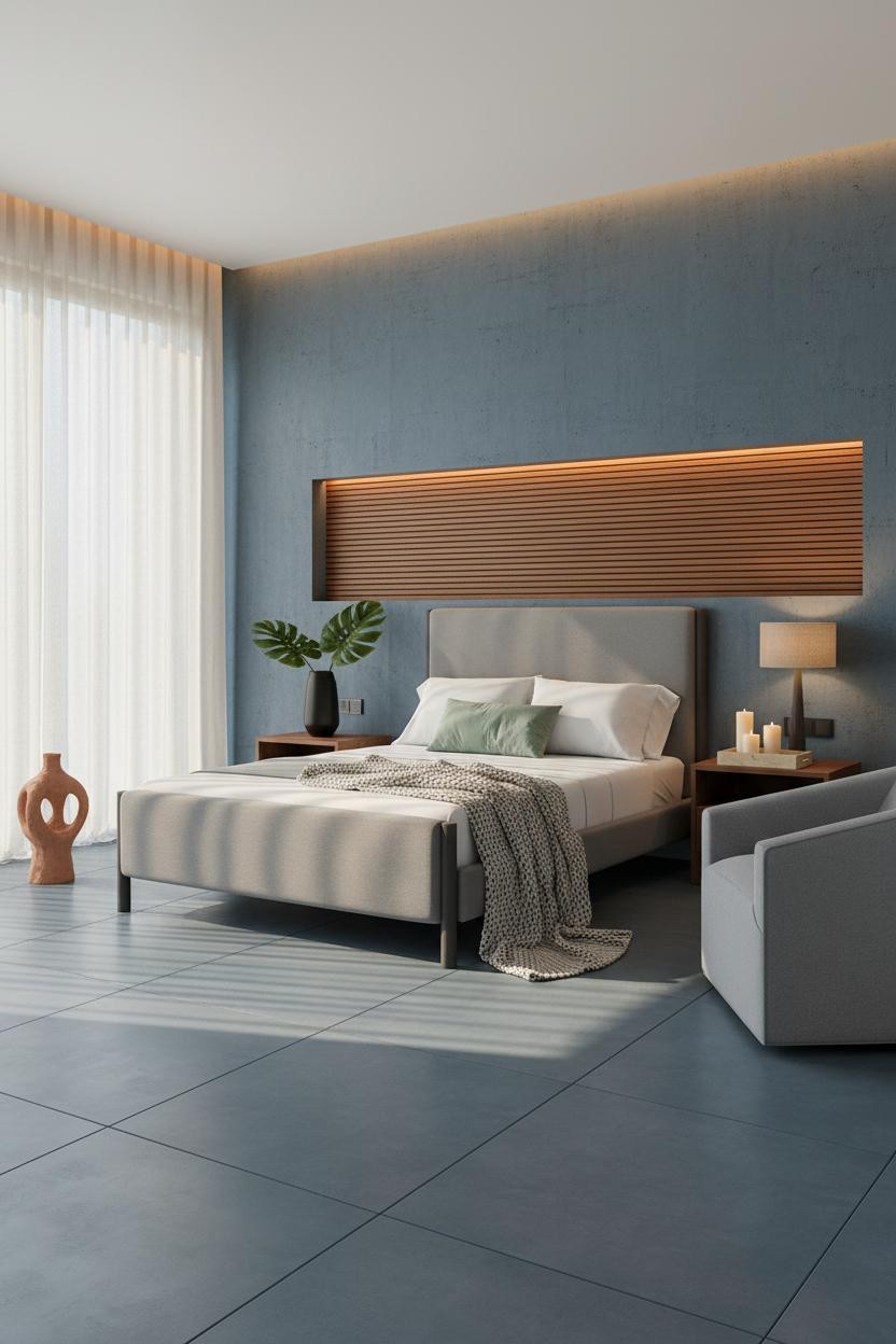 Bright boutique hotel bedroom with upholstered bed frame, cream bedding, soft neutral walls, natural window light, and modern swivel accent chair in warm beige tones.