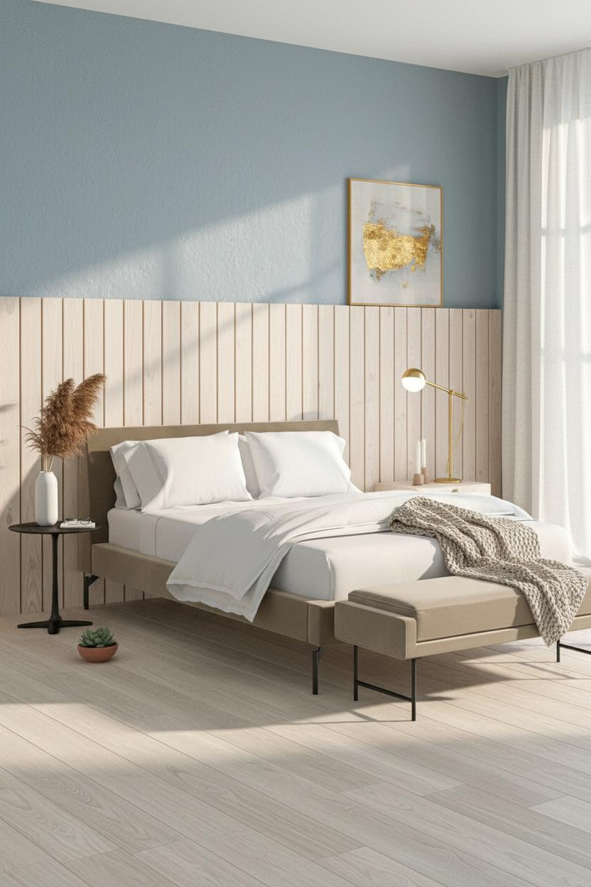 Bright, airy boutique hotel bedroom with upholstered bed frame, cushioned bench at foot, soft neutral bedding, warm wood nightstands, brass accents, and natural window light creating a serene 5-star hotel aesthetic.
