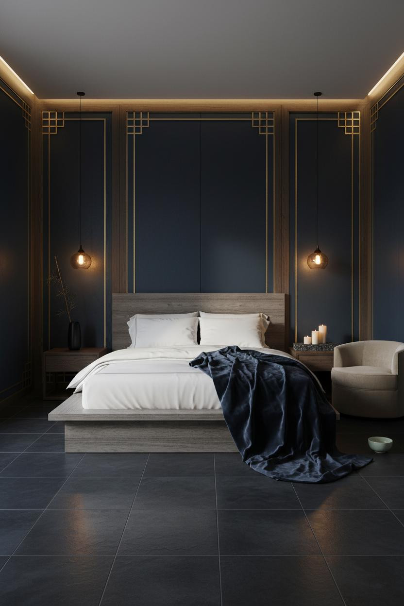 Bright boutique hotel bedroom with upholstered bed frame, cream linen bedding, soft brass lighting, and modern swivel chair in neutral tones, natural daylight from windows, calm designer aesthetic.