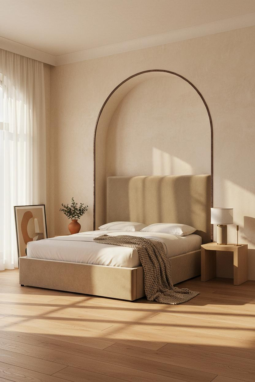 Bright, airy boutique hotel bedroom with cream upholstered bed frame, soft brass bedside lamp, neutral linen bedding, and warm natural light from window creating a calm, designer hotel aesthetic.