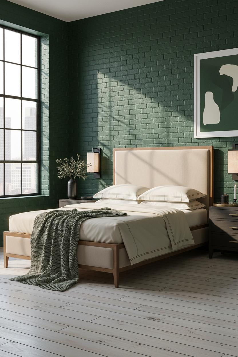 Bright, airy boutique hotel bedroom with upholstered bed frame, soft linen bedding, modern brass bedside lamp, neutral cream and beige palette, natural window light, and minimalist nightstands.