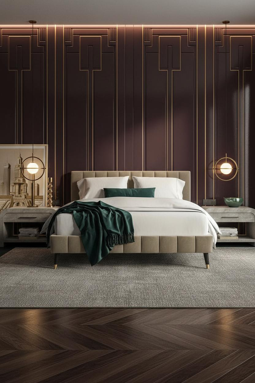 Bright boutique hotel bedroom with upholstered bed frame, soft neutral bedding, brass bedside lamp, cream walls, and natural window light creating a calm 5-star hotel aesthetic.