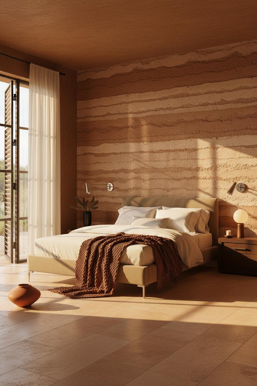 Bright, airy boutique hotel bedroom with upholstered bed frame, matching nightstand, soft neutral bedding, warm brass lighting, and clean modern furnishings in warm white and cream tones.