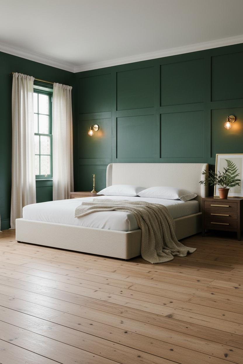 Bright boutique hotel bedroom with upholstered bed frame, matte brass nightstand, soft neutral bedding, warm wood flooring, and natural window light creating a calm 5-star hotel aesthetic.