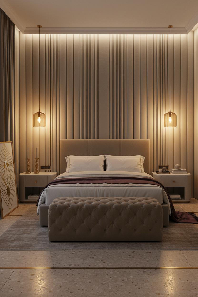 Bright boutique hotel bedroom with upholstered bed frame, tufted ottoman bench, neutral cream bedding, soft brass accents, natural window light, and designer hotel-inspired color palette in warm whites and soft beige.