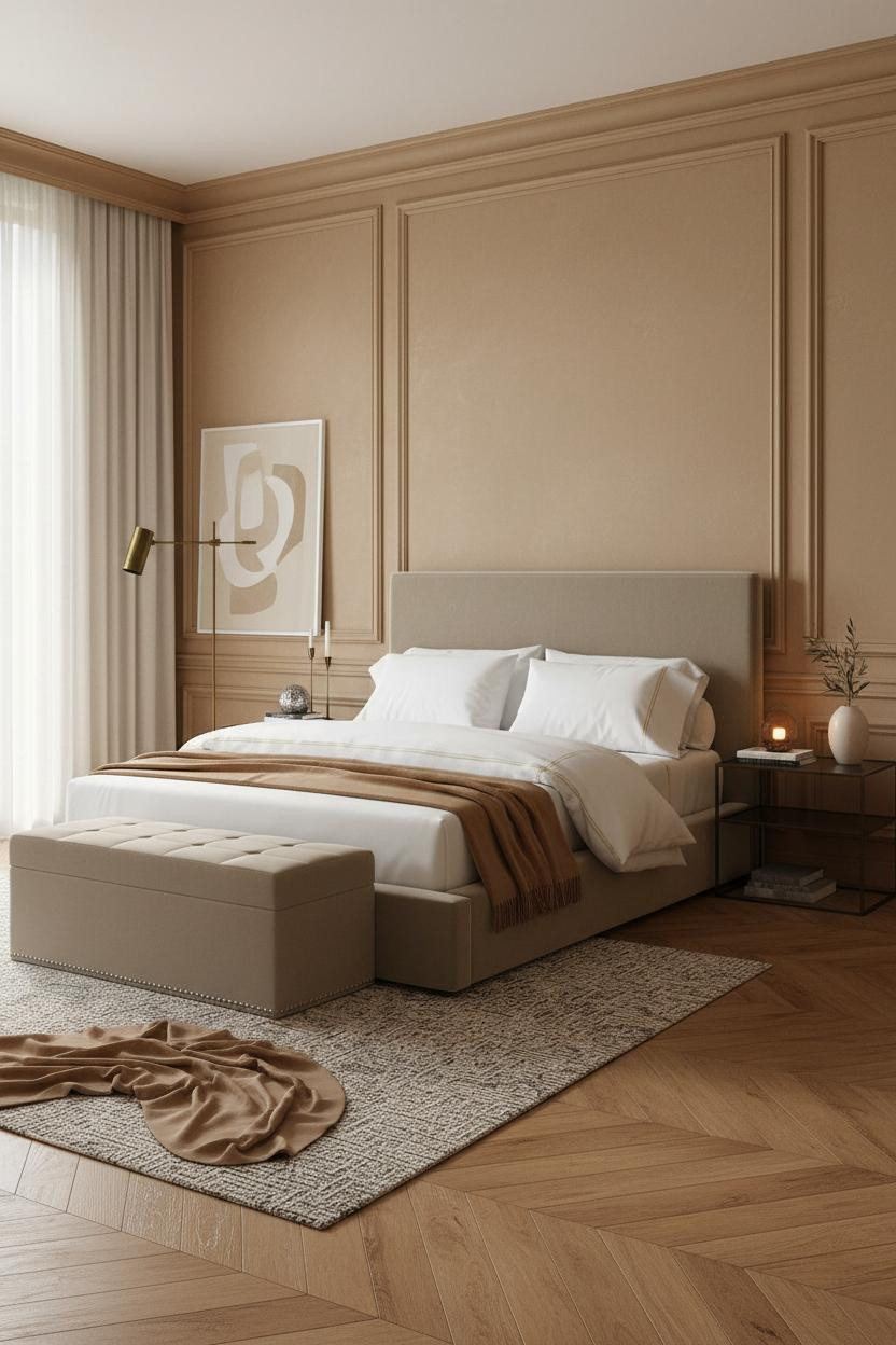 Bright, airy boutique hotel bedroom with upholstered bed frame, neutral linen bedding, wooden storage bench at foot of bed, soft natural light from windows, warm cream and beige color palette, designer hotel-style interior.
