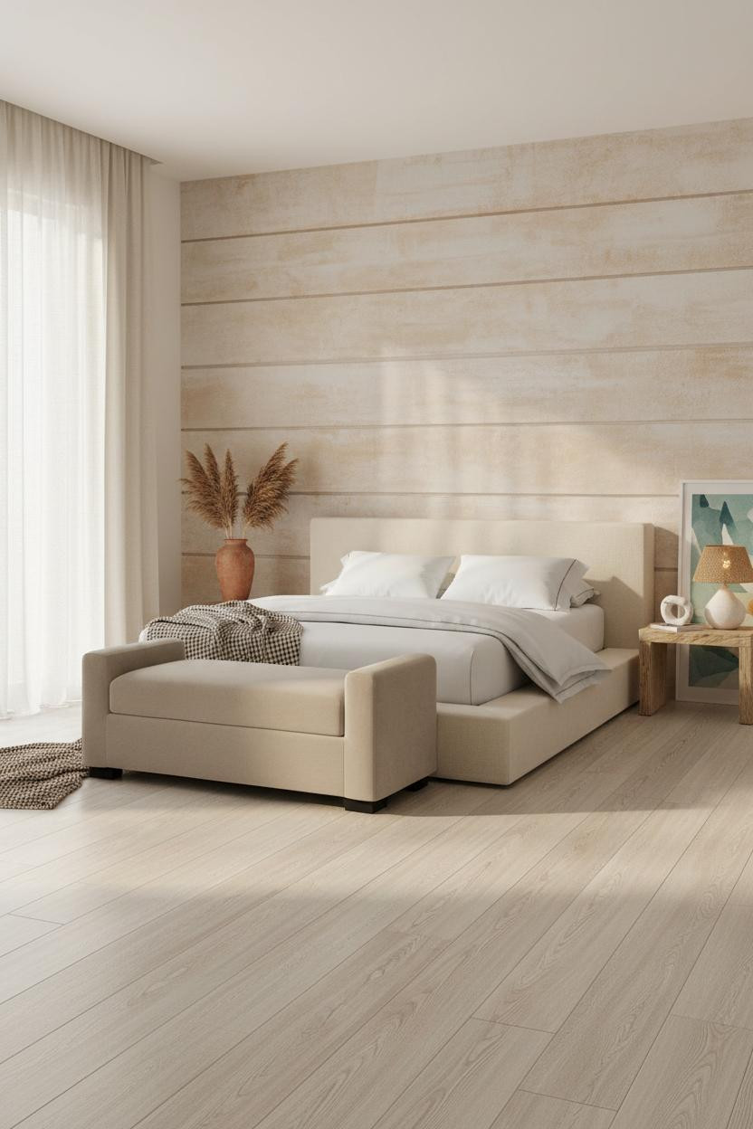 Bright, airy boutique hotel bedroom with upholstered bed frame, cream linen bedding, cushioned bench at foot of bed, soft neutral palette, natural window light, designer nightstands, and hotel-inspired layered bedding.